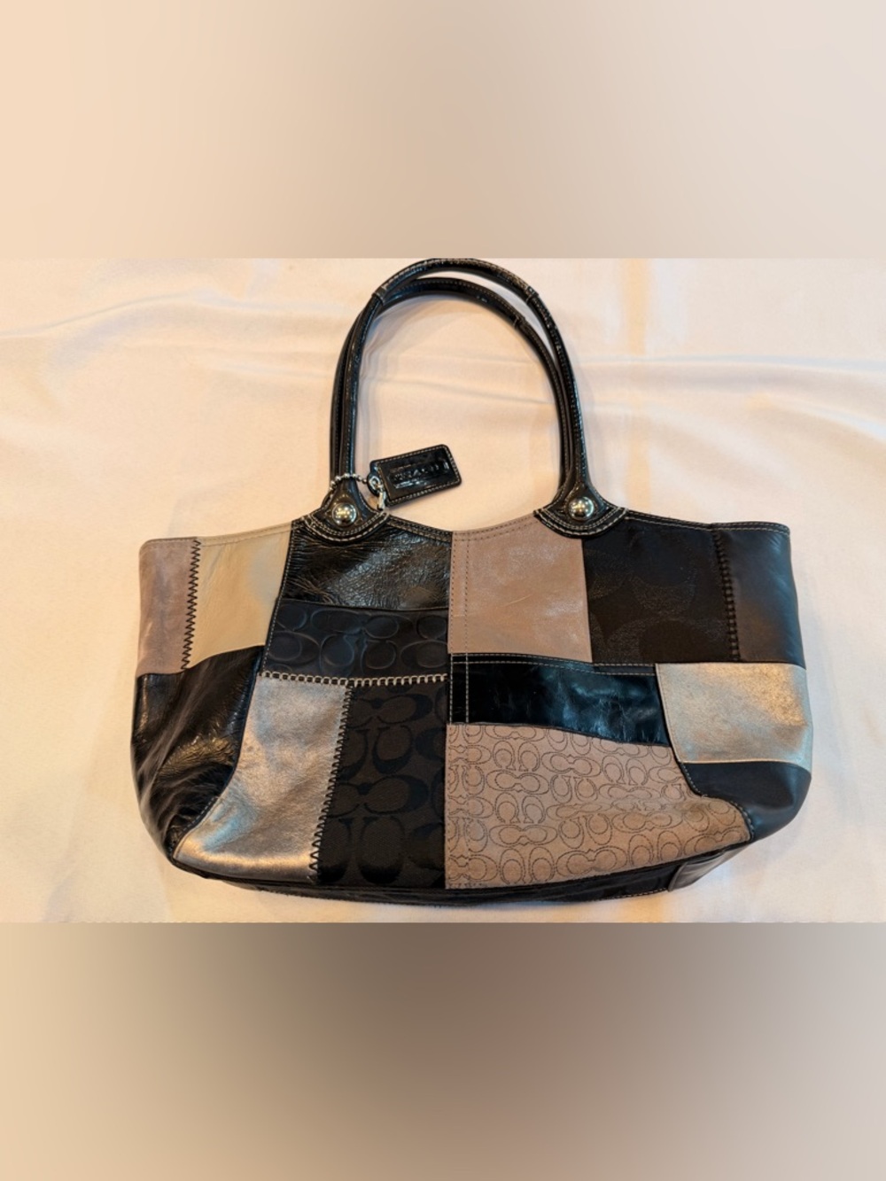 Vintage Coach F14045 Bleecker Signature Black Grey Patchwork Leather Tote